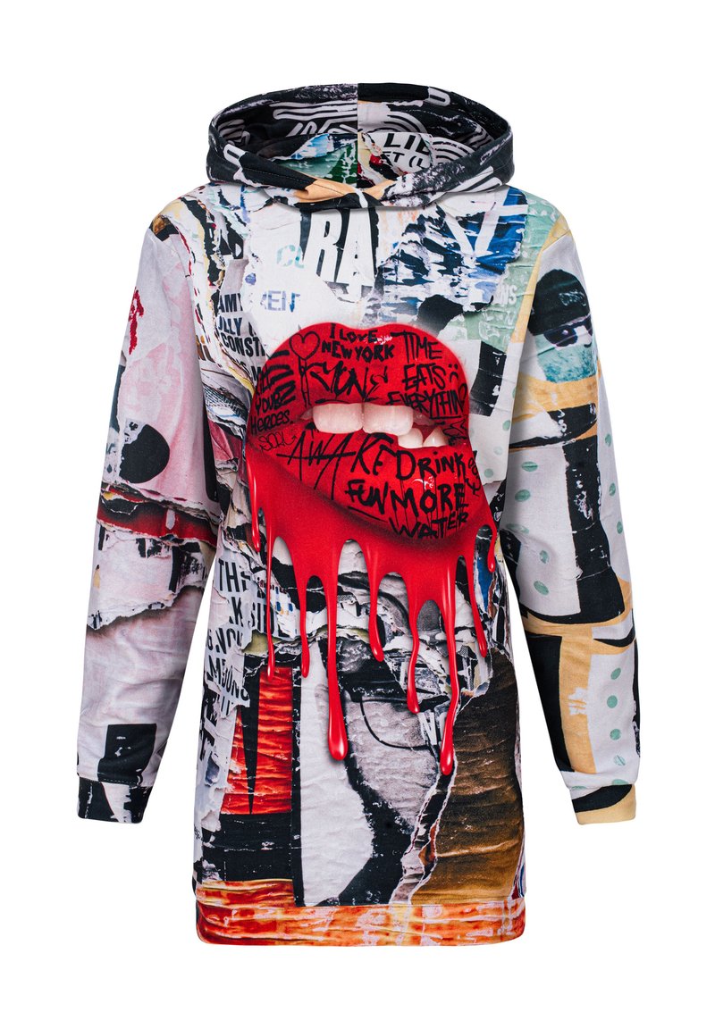 Hooded sweatshirt featuring a collage of colorful graphic prints. Prominent red lips graphic with dripping effect. Made of soft fabric.