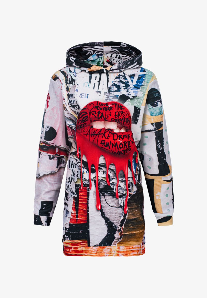 Kapuzensweatshirt mit einer Collage aus bunten Grafikdrucken. Auffälliges Grafikdesign mit roten Lippen und tropfendem Effekt. Aus weichem Stoff gefertigt.