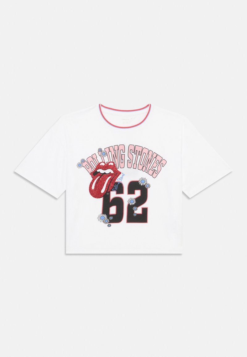 Balta īsā piedurkņu T-krekls ar īsām piedurknēm, ar sarkano un melno Rolling Stones logotipu, mirdzošu mēles grafiku un ziedu akcentiem.