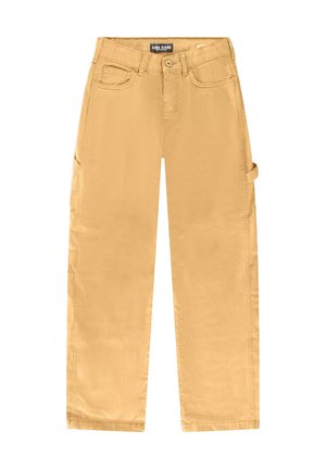 Beige cargobroek met een ontspannen pasvorm, twee voorkruiszakken, een zijklepzak en een soepele katoenen textuur.