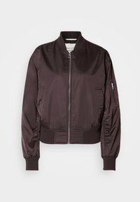 Dark brown bomber jacket made of shiny, smooth fabric. Features a zipper closure, ribbed cuffs, and a side pocket with zipper detail.