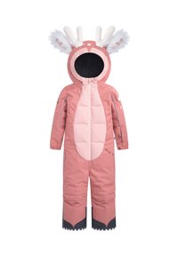 Roze sneeuwpak met een zacht, gewatteerd ontwerp. Heeft een capuchon met witte gewei en oren, zijkanten met ritssluitingen en een doorgestikte voorpanaal.