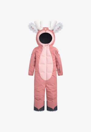 Mono de nieve rosa con un diseño suave y acolchado. Cuenta con una capucha con cuernos y orejas blancas, cremalleras laterales y un panel frontal acolchado.