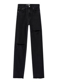 Jean noir taille haute à jambes droites avec déchirures usées sur la cuisse droite et le genou gauche, doté de poches avant et arrière.
