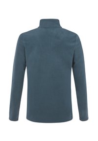 Pullover in pile di colore blu scuro, con colletto alto e maniche lunghe, texture liscia e senza loghi o decorazioni visibili.