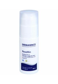 Dermasence RosaMin bottle, white plastic, pump dispenser. Blue text on label, highlights skin redness relief ingredients like Panthenol.