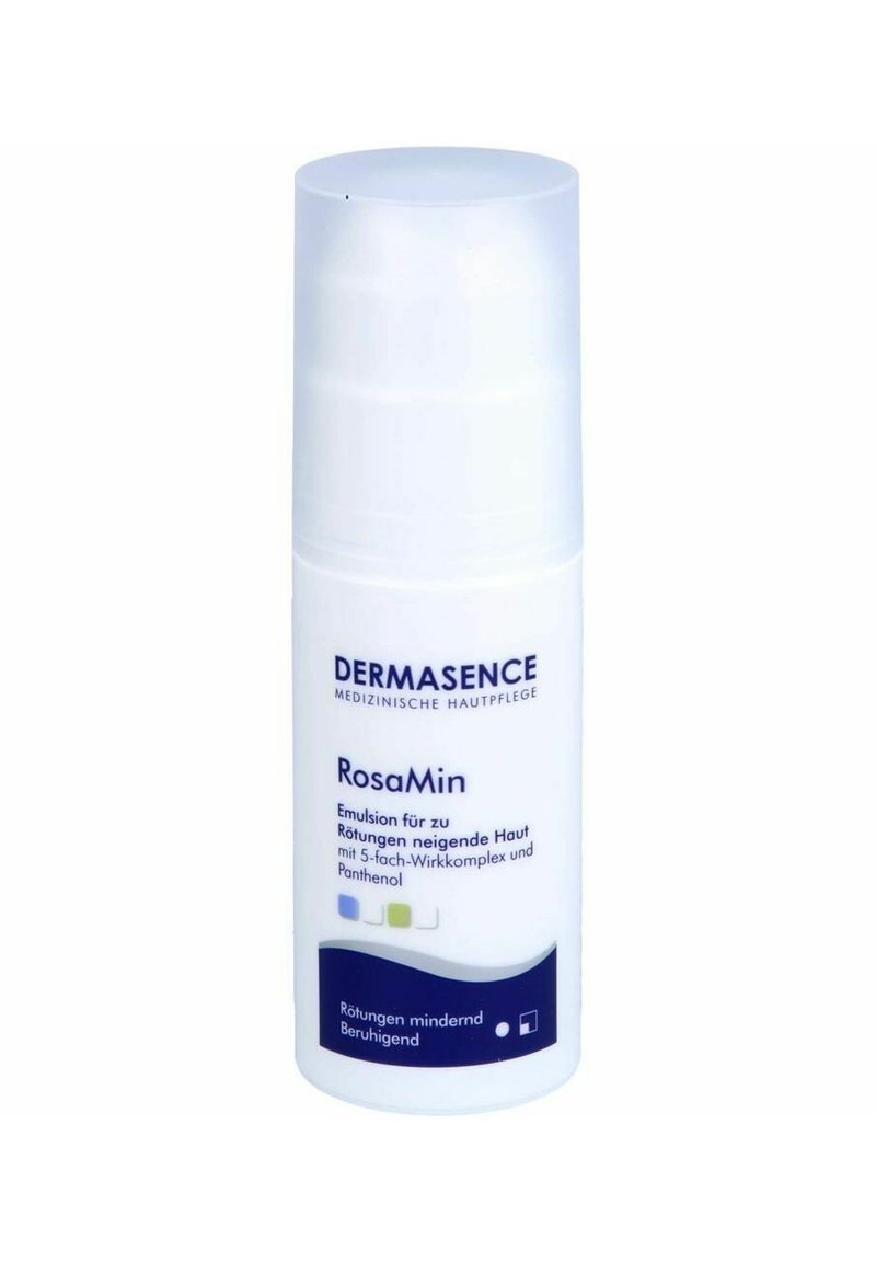 Dermasence RosaMin bottle, white plastic, pump dispenser. Blue text on label, highlights skin redness relief ingredients like Panthenol.