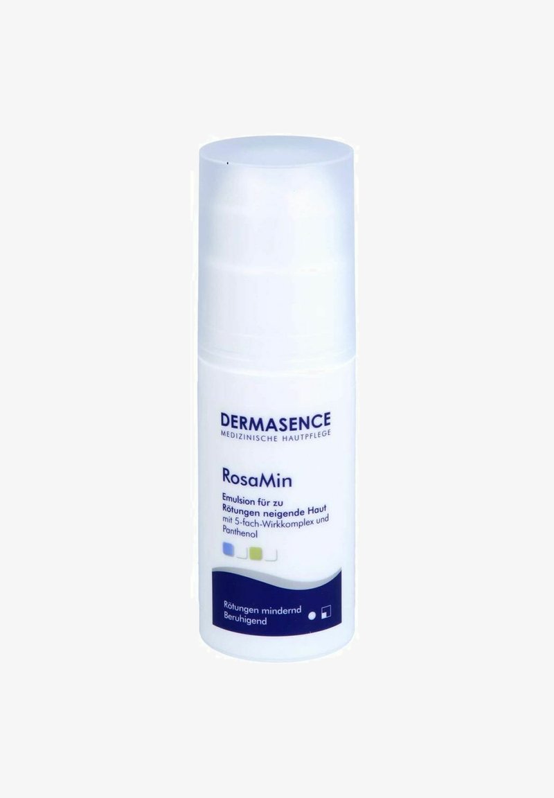 Dermasence RosaMin bottle, white plastic, pump dispenser. Blue text on label, highlights skin redness relief ingredients like Panthenol.