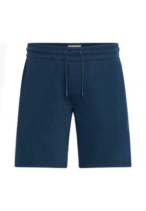 Shorts bleu marine en tissu doux, dotés d'une taille élastique avec cordon de serrage, et de poches latérales, avec un design épuré et simple.