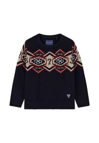 Maglione lavorato a maglia blu navy con motivi geometrici in beige, rosso e nero, caratterizzati da punti interrogativi e motivi floreali su petto e maniche.