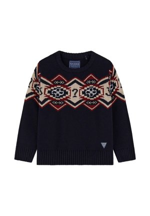 Maglione lavorato a maglia blu navy con motivi geometrici in beige, rosso e nero, caratterizzati da punti interrogativi e motivi floreali su petto e maniche.