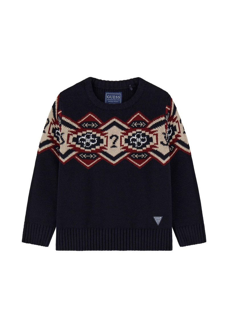 Maglione lavorato a maglia blu navy con motivi geometrici in beige, rosso e nero, caratterizzati da punti interrogativi e motivi floreali su petto e maniche.