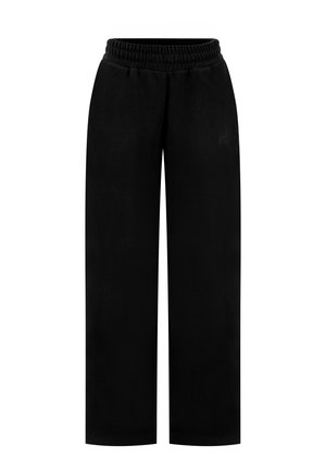 Pantaloni neri a gamba larga con vita elasticizzata e dettagli sottili delle tasche laterali, progettati per un uso casual.