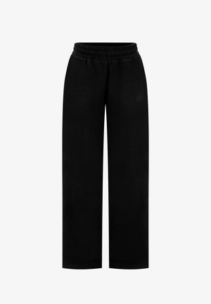 Zwarte wijde broek met elastische tailleband en subtiele zijzakdetails, ontworpen voor casual draagcomfort.