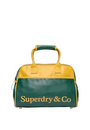 Borsa da viaggio in pelle verde e gialla con manici corti e testo "Superdry & Co" sul davanti in lettere gialle.
