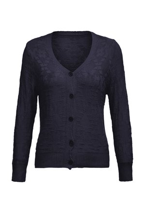 Tummansininen neulecardigan, jossa on V-pääntie, pitkät hihat ja viisi mustaa nappia. Kankaan pinnassa on tekstuuri.