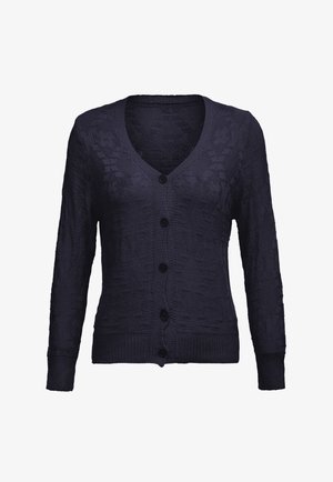 Sötétkék kötött kardigán V-kivágással, hosszú ujjaival és öt fekete gombjával. A szöveten texturált minta található.