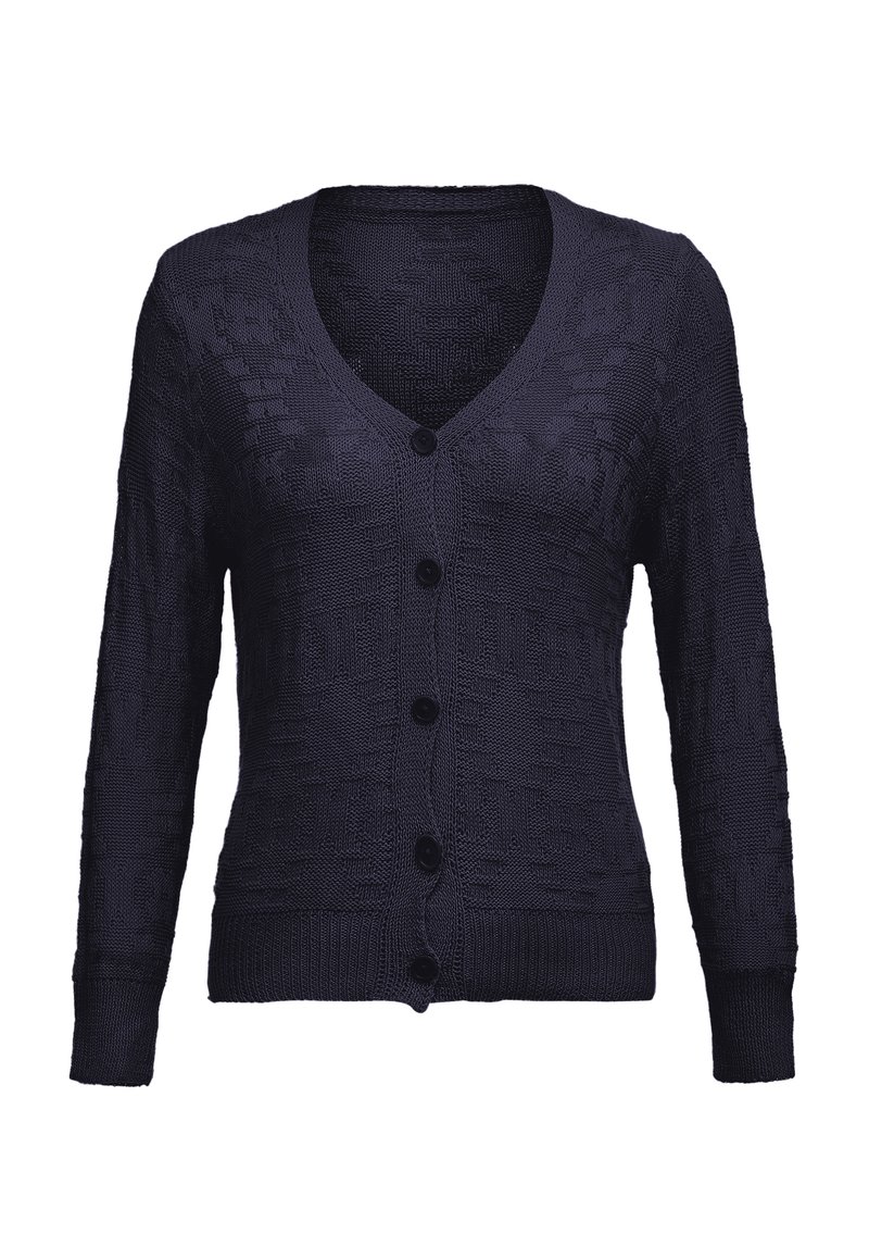 Tmavě modrý pletený cardigan s V výstřihem, dlouhými rukávy a pěti černými knoflíky. Texturovaný vzor na celém materiálu.