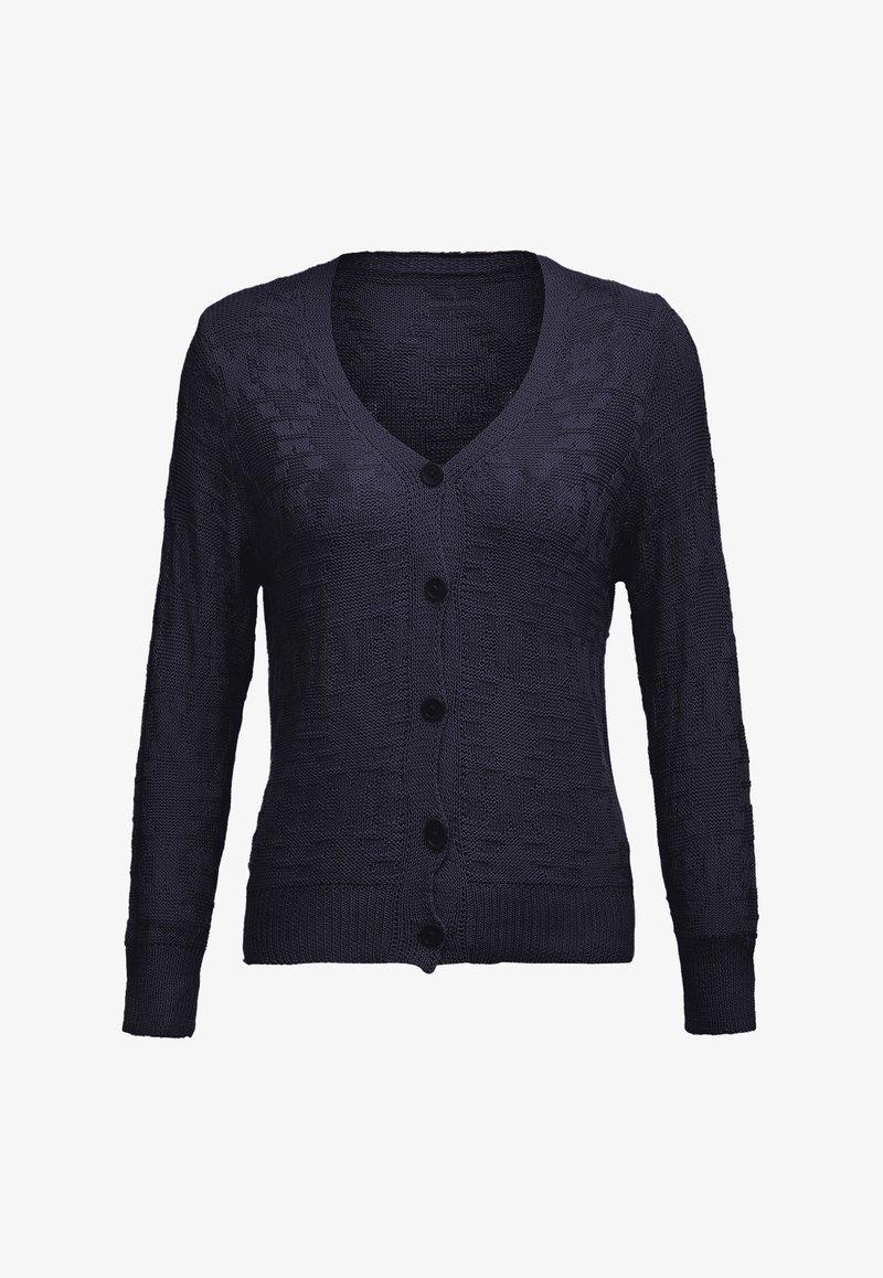 Dunkelblauer gestrickter Cardigan mit V-Ausschnitt, langen Ärmeln und fünf schwarzen Knöpfen. Strukturiertes Muster über den gesamten Stoff.