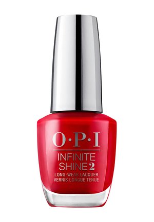 Butelka czerwonego lakieru do paznokci OPI Infinite Shine 2 o długotrwałym działaniu z srebrną nakrętką oraz białym i szarym napisem z przodu.