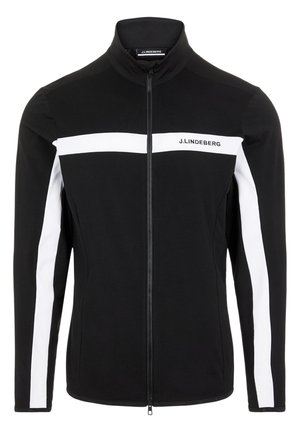 Black zip-up jacket with long sleeves, featuring white horizontal stripes across the chest and down the sleeves, made from a smooth fabric.