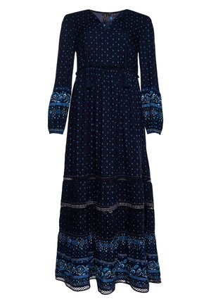 Vestido largo de manga larga azul marino con pequeños patrones de puntos azules, diseños de cachemira en las mangas y el dobladillo, y cintura fruncida con cordones de borla.