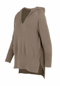 Brązowy dzianinowy hoodie z głębokim dekoltem V, bocznymi rozcięciami i prążkowanym wzorem na dolnej krawędzi oraz mankietach. Długie rękawy i luźny fason.