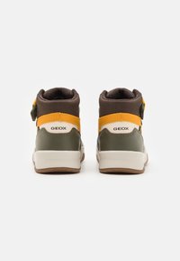 Un par de zapatillas altas Geox en verde, marrón y amarillo vistas desde atrás sobre un fondo blanco.