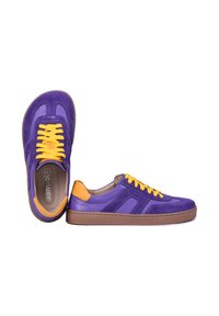 Purple and orange casual sneakers with yellow laces and brown soles, shown from top and side views on a white background.