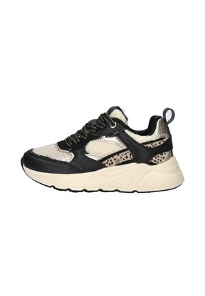 Sneakers met een mix van zwart leer en beige gaas, met accenten van luipaardprint en een chunky beige zool. Inclusief gouden oogjes en veters.