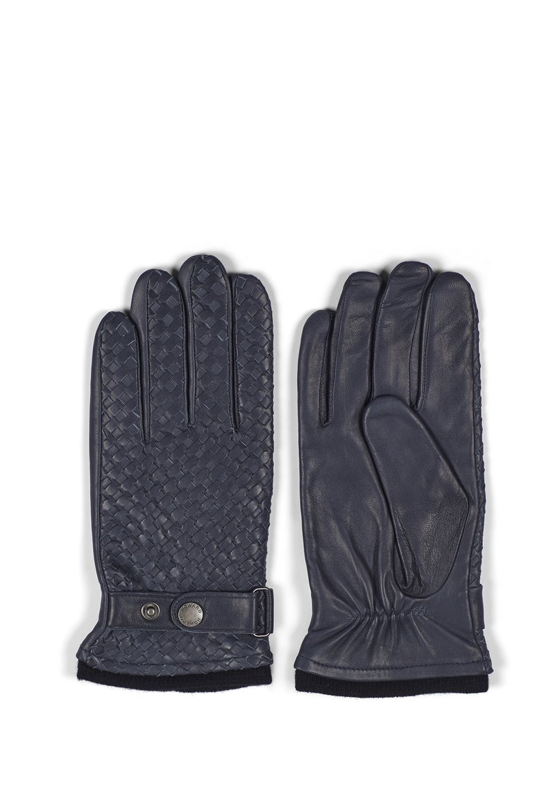 Granatowe skórzane rękawiczki z wplecioną teksturą po jednej stronie, gładkim wykończeniem po drugiej i regulowanym zapięciem na napę.