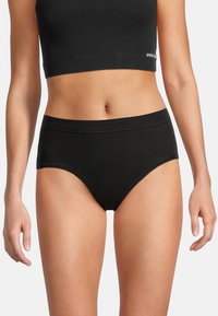Schwarze Baumwollmischung mit hoher Taille, nahtloses Design und weicher, matter Textur. Keine sichtbaren Etiketten oder Verzierungen.