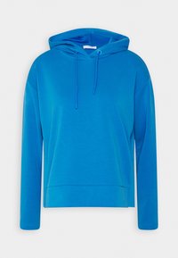 Modrá mikina s kapucí, dlouhými rukávy, přední kapsou a stahovacími šňůrkami. Vyrobena z měkkého, hladkého materiálu s volným střihem.