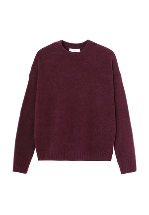 Pull en maille bordeaux, encolure ronde, bords-côtes aux poignets et à l'ourlet, coupe décontractée, texture douce, présentant un motif subtil sur l'ensemble.