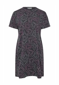 Kortärmad klänning i mörk tyg med ett hjärtmotiv i rosa, vitt och grått. Löst sittande med rund halsringning. Mjuk, bekväm tygkänsla.