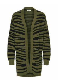Zaļš un melns svītrains kardigāns ar brīvu piegriezumu, atvērto priekšpusi un garām piedurknēm. Materiāls izskatās mīksts un ar tekstūru.