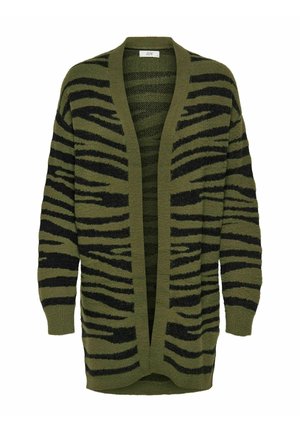 Cardigan rayé vert et noir avec une coupe ample, un devant ouvert et des manches longues. Le tissu semble doux et texturé.