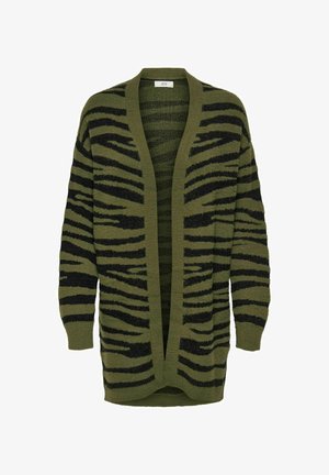 Grønn og svart stripete cardigan med løs passform, åpen front og lange ermer. Materialet ser mykt og teksturert ut.