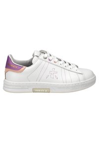 White leather sneaker with pink and purple accents, flat laces, and textured sole. Features logo detailing on the heel and side.