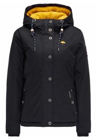 Svart jacka med en gul fleecefodrad huva. Har metallknäppningar, dragsko och sidofickor. Texturerad tyg med logodetalj.