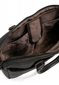 Borsa in pelle nera con chiusura a zip, dotata di interno in tessuto marrone, molteplici tasche e cuciture rinforzate sulle maniglie.