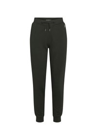 Mörkgröna sweatpants med elastisk midja, snörning, smalna anklar och sidofickor. Tillverkade av ett mjukt, strukturerat tyg.