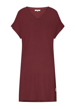 Short-sleeve, burgundy V-neck dress with a relaxed fit and small side slit on the hem, displayed on a plain white background.