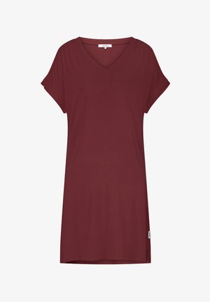 Short-sleeve, burgundy V-neck dress with a relaxed fit and small side slit on the hem, displayed on a plain white background.