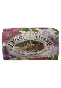 Nesti Dante Dolce Vivere natural soap, rectangular shape, floral-patterned wrapper featuring pink and lavender flowers, with branding and product details.