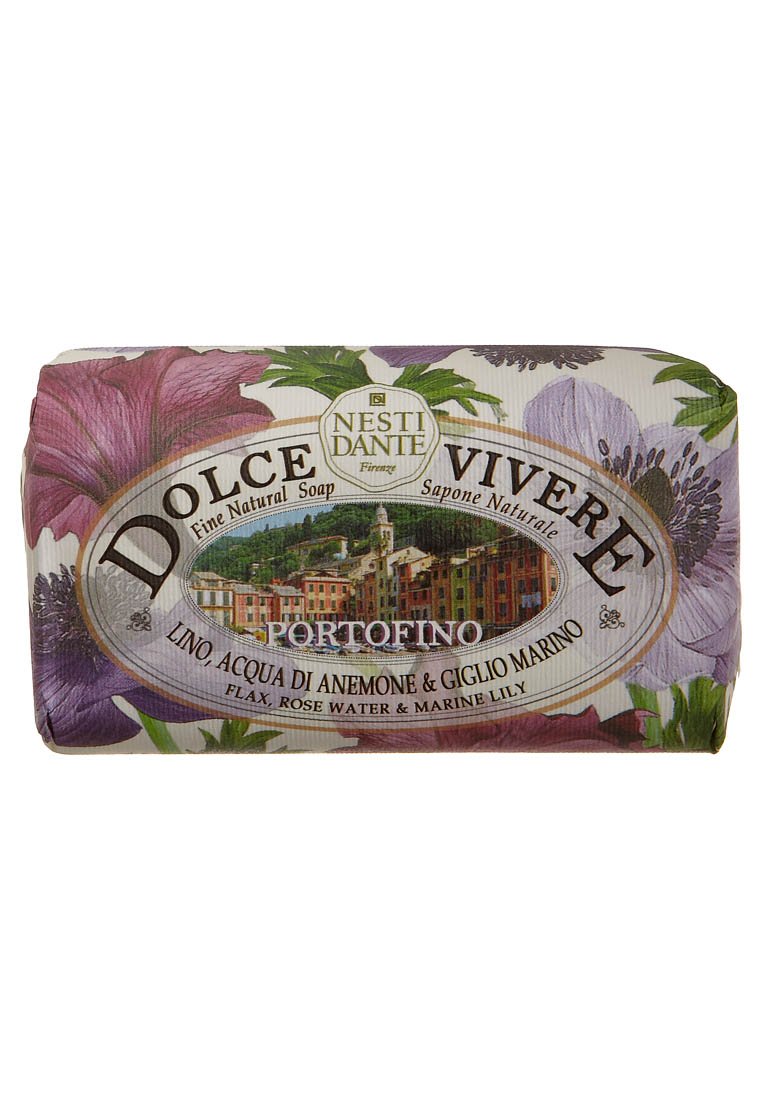Nesti Dante Dolce Vivere natural soap, rectangular shape, floral-patterned wrapper featuring pink and lavender flowers, with branding and product details.