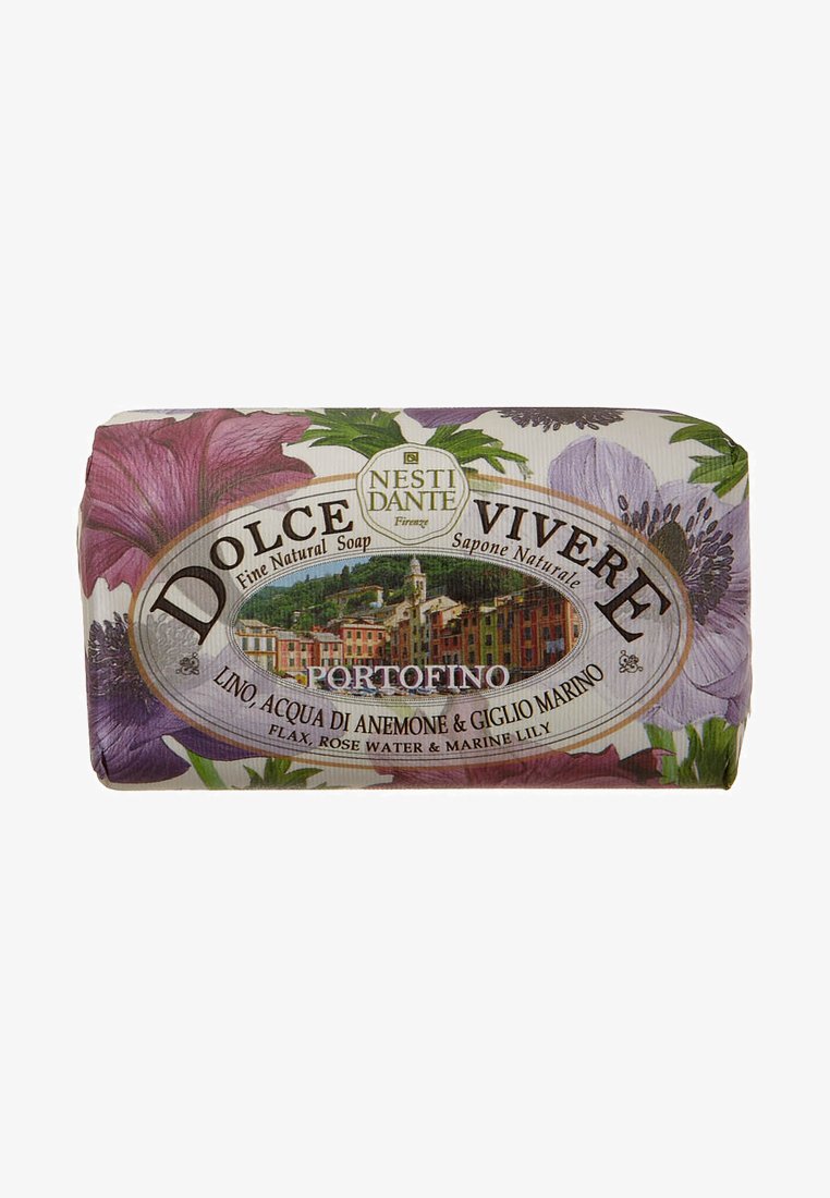 Nesti Dante Dolce Vivere natural soap, rectangular shape, floral-patterned wrapper featuring pink and lavender flowers, with branding and product details.