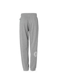 Grijze sweatpants van zacht materiaal, met een relaxte pasvorm, een elastische tailleband en een wit logo op het onderbeen.