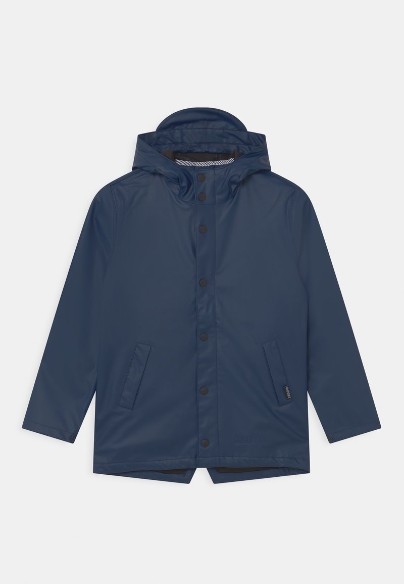 Navy waterproof jacket with a hood, snap buttons, two front pockets, and a striped lining. Smooth texture and knee-length design.