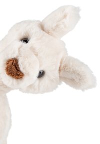 Fluffy white plush toy with a light brown nose, large black eyes, and floppy ears. The body has a soft texture and is shaped like a rabbit.